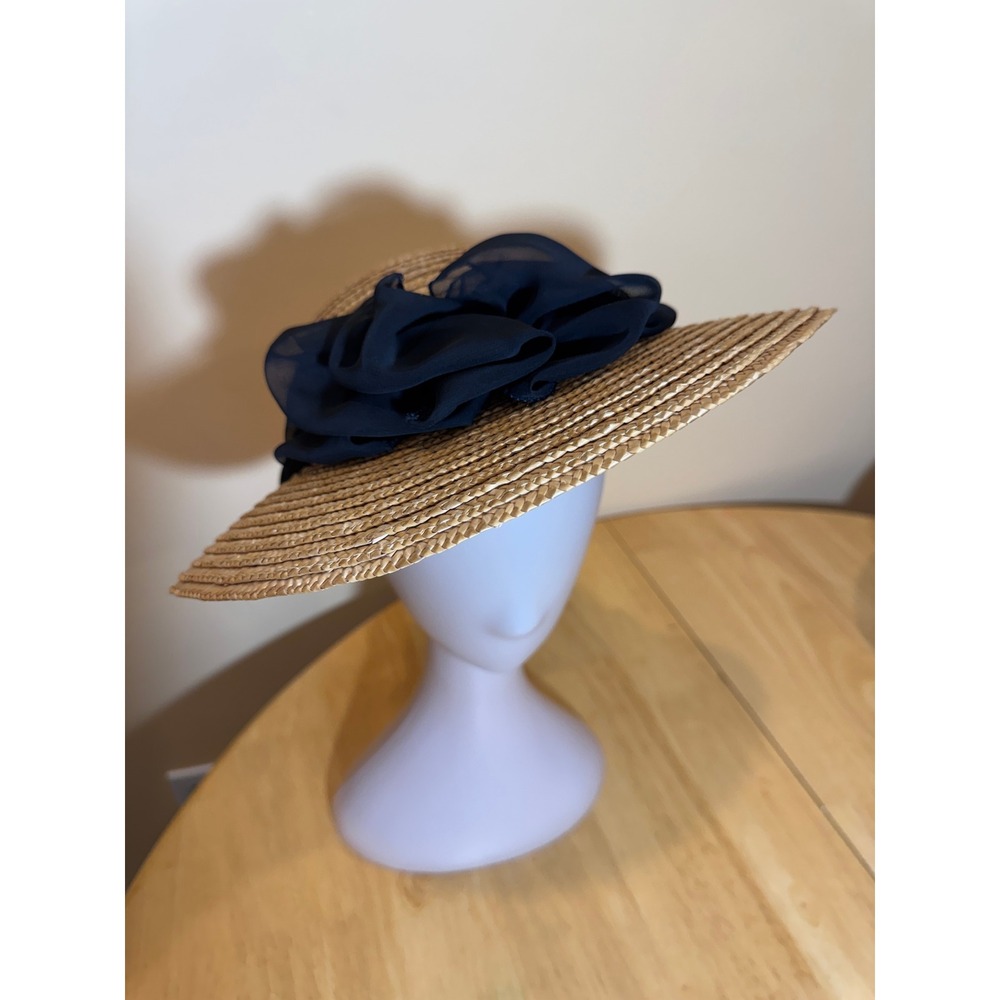 Two Blondes Natural Straw Wide Brim Sun Hat Black Chiffon Bow Flower Accent